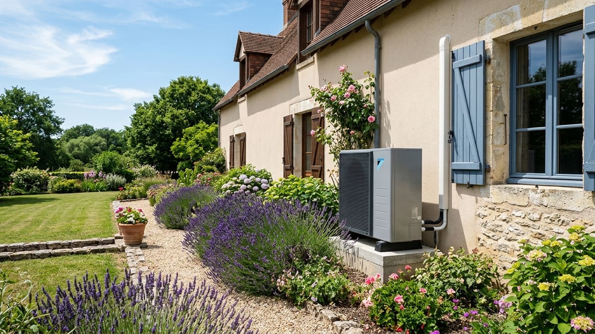 Unité extérieure de pompe à chaleur air-air dans un jardin français