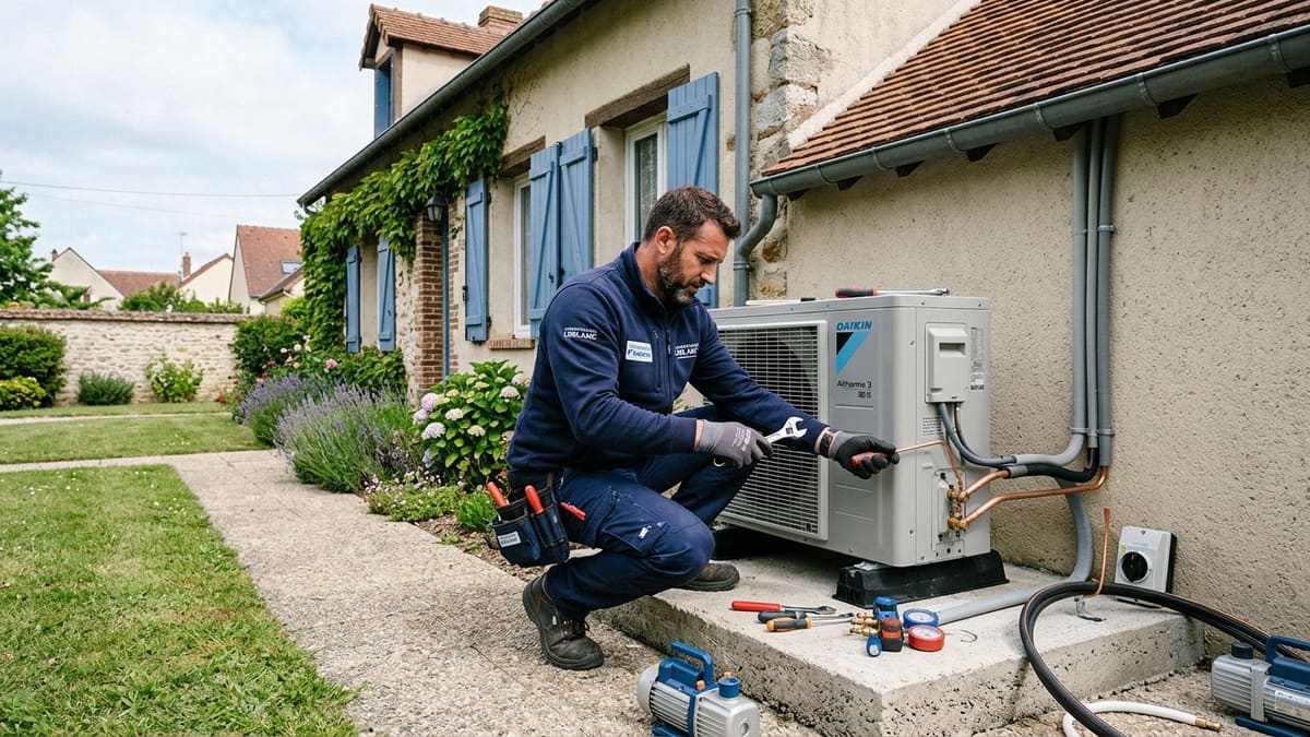 Installateur pompe à chaleur Daikin posant une unité extérieure en France